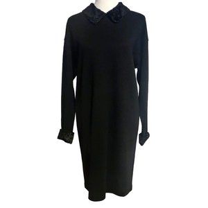 Liz Claiborne Vtg Black Acrylic Wool Faux Fur Collar Cuff Buttons Modest Dress L